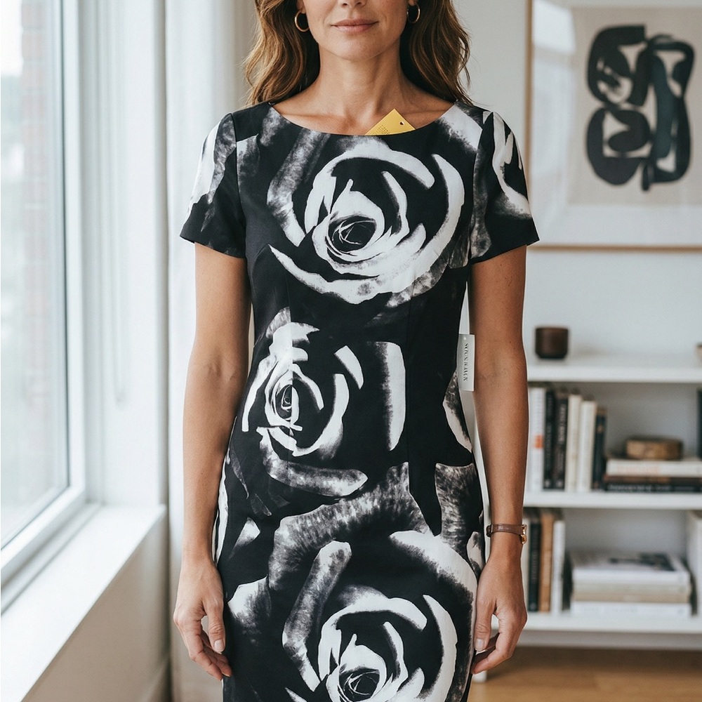 Black & White Rose Print Sheath Dress
